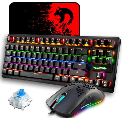 EWEADN K2 Wired Gaming Keyboard Mouse Combo, TKL 80% Percent UK Layout Light Up Clicky Blue Switch Mechanical Keyboard + 6400 DPI Ultra-Light Honeycomb PC Gaming Mice + Mouse Pad for Win/Mac - Black