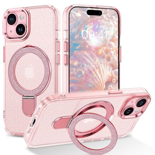 YINLAI Custodia per iPhone 15, compatibile con Magsafe, iPhone 15 con supporto ad anello a 360°, senza fili, leggera, sottile, in TPU, per iPhone 15 6,1 pollici, con glitter rosa