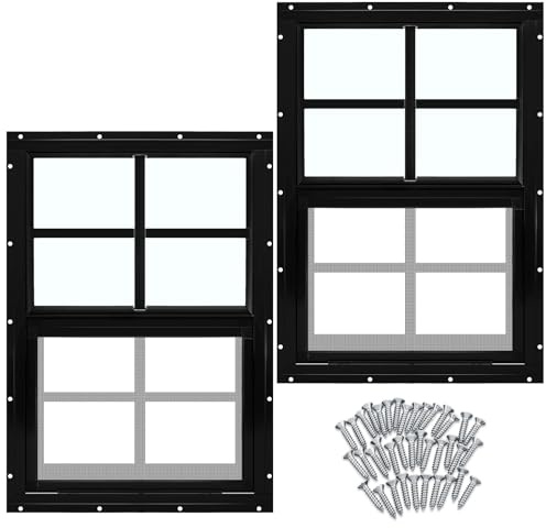 Tandefio Lot de 2 fenêtres d'abri de jardin noires de 35,6 x 53,3 cm avec cadre, montage encastré avec verre trempé et moustiquaire, fenêtres coulissantes avec glissière verticale et vis pour