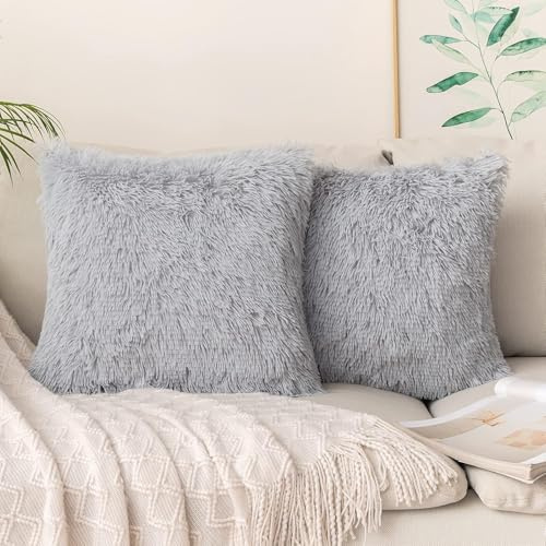 DJDEA Kissenbezüge 2er Set - Kuschelkissen Flauschig Kissen 50x50 Bezug - Künstlich Pelz Sofakissen - Dekorative Dekokissen - Kissen Flauschig Kissenbezug für Sofa 50x50 cm (Grau, 50 x 50cm)