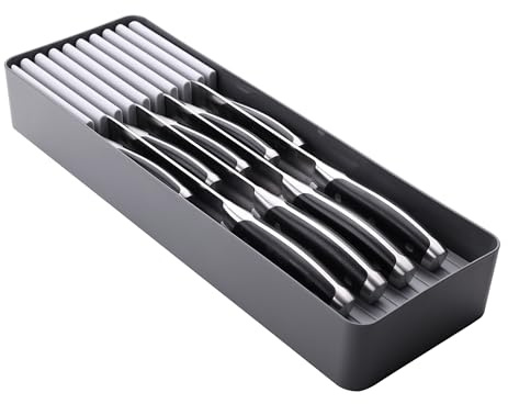 Linoroso Cutlery Drawer Organiser Kitchen Cutlery Trays, Kitchen Knife Holder with Compact Design, Green and Gray, Cutlery Not Included