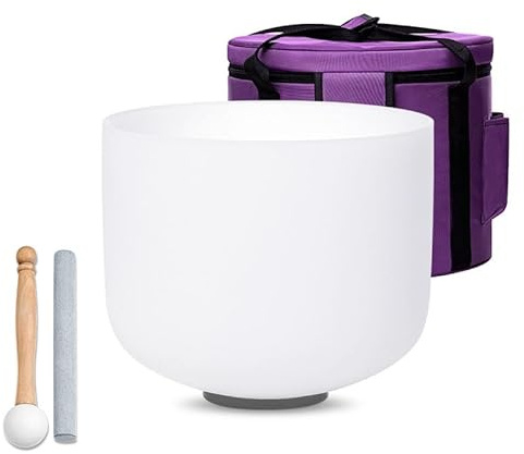 SOUNDELLO 10 Inch 432hz White B Note Crown Chakra Quartz Crystal Singing Bowl, for Healing Mindfulness Meditation Yoga Sound Baths, with Rubber Mallet O-ring