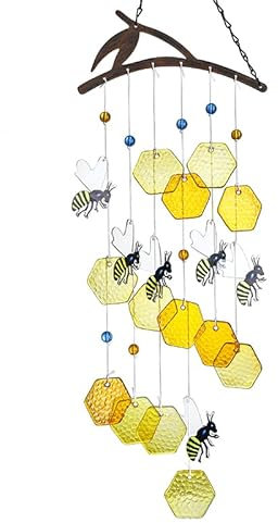 YU FENG Bee Wind Chime for Outside Honeycomb Bees Decorative Hanging Suncatcher for Garden Patio Yard