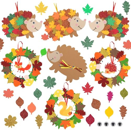 ZSOPN 7 Igel Bastelsets für Kinder Herbst Kreativsets zum Basteln Kreative Kunsthandwerk Bastelhandwerk Herbst Kranz Bastelset Igel Fuchs,Filz Herbst Kränze Bastelset Erntedankfest, Hängend