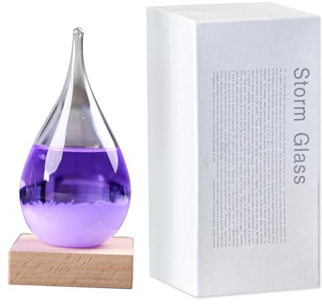 Prévisions météo en verre violet en forme de goutte d'eau avec base en bois, station météo en verre tempête, cadeau de fête des pères, décoration de maison et de bureau de haute qualité