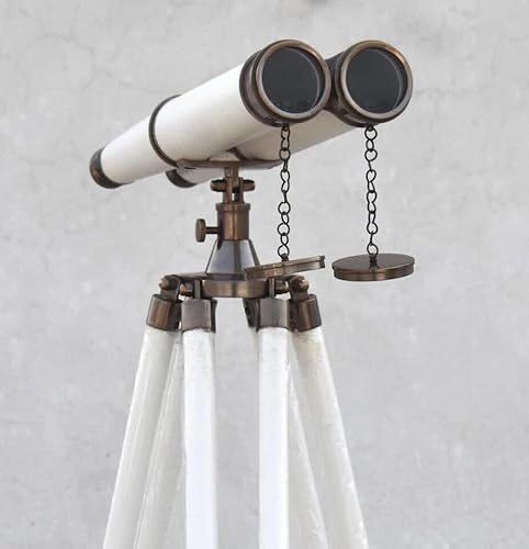 Binocolo nautico in ottone da 45,7 cm in pelle bianca antico telescopio con treppiede da pavimento