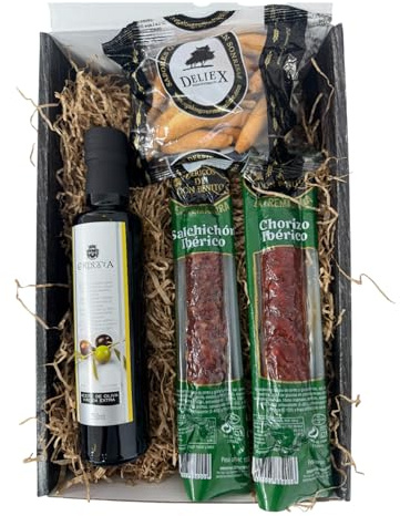 Cesta gourmet para regalar con ibéricos, a elegir con vino, aceite o paté y crema de queso, escoje la caja regalo que mas te guste (Estuche regalo, Aceite)