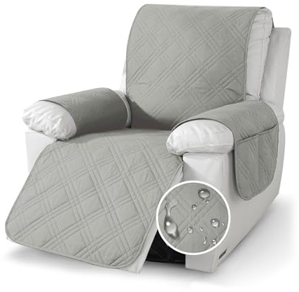 YushengTai Sesselschoner, Sesselschoner für Relaxsessel 100% Wasserdicht, Anti-Slip 1 Sitzer, Maschinenwaschbar sesselschoner für Fernsehsessel mit 4 Taschen, 2 Verstellbaren Riemen (Hellgrau)