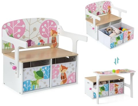 FANTASK 3 in 1 Kinderbank, Kinder Tisch Stuhl Set mit 2 Stoffboxen, Kindersitzgruppe mit Stauraum & Armlehenen für Kinderzimmer (Weiß)