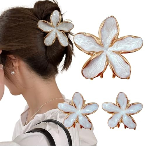 3 Stück Blumen Haarklammer Klein Set Haarspangen Damen Metal Haarclips Solide Krallenclips für Dickes Dünnes Haar Frauen Mädchen(Weiß)