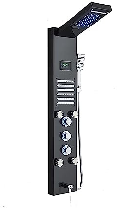 Colonne de panneau de douche ， Robinet mitigeur à jets de massage ， Pluie de lumière bleue à grand écran et pommeau de douche cascade en acier inoxydable(Black 8004)