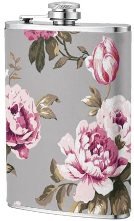 Tulipán rosa vintage shabby chic,Frasco de acero inoxidable 304 de 8 oz con funda de cuero sintético, frasco de bolsillo para licor plano para exteriores