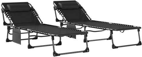 Outsunny Set de 2 Tumbonas Jardín Exterior, Tumbonas Plegables con Reposacabezas y Bolsillo Lateral, Respaldo Reclinable 5 Posiciones y Asiento de Malla Transpirable para Playa, Piscina, Negro