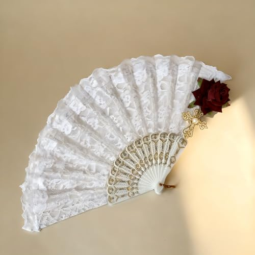 Tivleed Elegant Wedding Hand Fan - Vintage Lace Folding Fan with Rose Decor, Perfect for Bridal Accessories, Party Decor & Photo Props - White