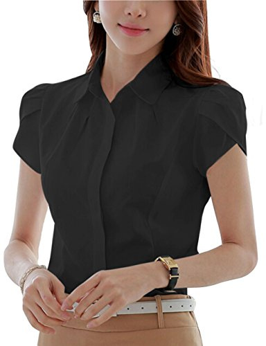 Women's Basic Cotton Button Down Shirt Short Sleeve Pleated Blouse Black UK 12