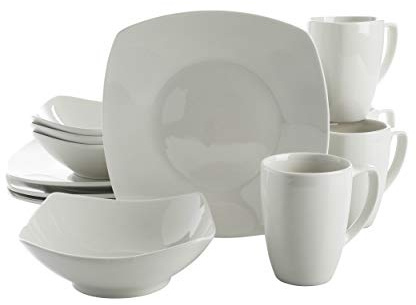 Gibson Home Amelia Court Porcelain Chip and Scratch Resistant Dinnerware set, Service for 4 (12pcs), White (Soft Square)