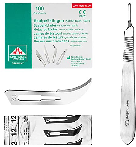 May Skalpell Set - 100 Sterile Skalpellklingen Figur 12 aus Karbonstahl, einzeln verpackt - Inkl. Edelstahl Skalpellhalter Nr. 3 - Präzisions Einwegklingen für Basteln, Modellbau & Fußpflege | Umfangreiches Zubehör für die Praxis. Ideal für ziehende Schnitte.
