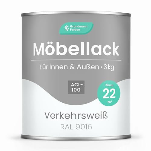 Grundmann Möbellack ACL 100 - Weiss 3 Kg - Lösemittelfrei & Geruchsarm - 4in1 Möbelfarbe inkl. Grundierung - Innen und Außen - Für Holz, Metall & Kunststoff - RAL 9016 Verkehrsweiss