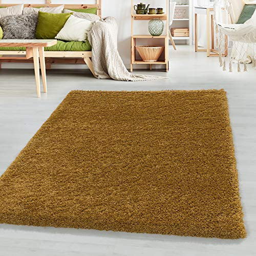 SIMPEX Teppich Wohnzimmer Shaggy 120 x 170 cm Goldfarbe Modern Einfarbig Design - Hochflor Teppich Schlafzimmer Pflegeleicht und Extra Weich - Teppich Flauschig für Küche Esszimmer Kinderzimmer Rug