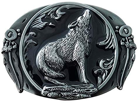 lupo Fibbie Per Cinture,Wolf, fibbia per cintura western da uomo, alla moda, stile retrò, stile western, con foglie di lupo, con fibbie, colore grigio smaltato, in lega di zinco