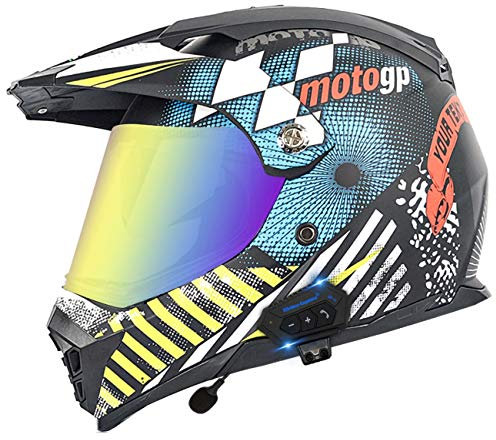 ZLYJ Casco da Motocross con Auricolare Bluetooth Integrato, Casco MX, Casco da Moto, con Doppia Visiera Parasole, per Casco Enduro Quad ATV, Certificazione ECE 16,L(59-60cm)