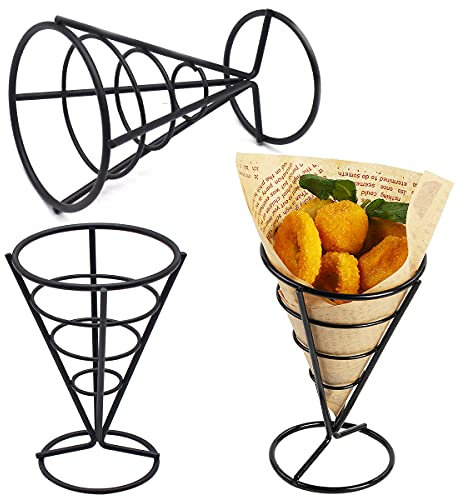 Jicyor Soporte de papas fritas, Acero Inoxidable Forma cónica Soporte Patatas Fritas 3 piezas duradero Titular de Papas Fritas para familias restaurantes cafeterías Bares Bodas Fiestas
