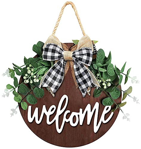 Welcome Sign for Front Door, 12 Inch Round Wood Wreath