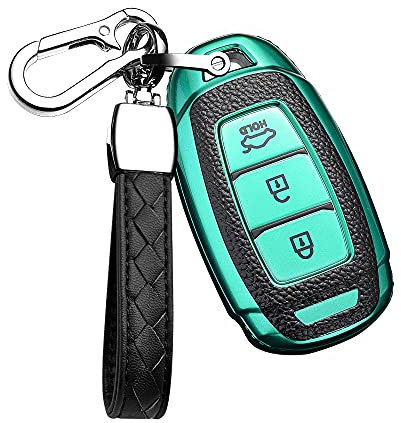HIBEYO Smart Autoschlüssel Hülle passt für Hyundai Keyless Schutzhülle Schlüsselhülle für Kona i10 i30 ioniq Tucson Nexo Santa Fe Funkschlüssel Schlüsselanhänger TPU Leder Texture Schlüsselbox-Grün