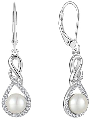 JO WISDOM Ohrringe Hängende Unendlichkeit Silber 925,Ohrhänger Perlenohrringe Damen mit 3A Zirkonia mit 7mm Süßwasserperle,Schmuck für Frauen
