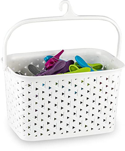 TIENDA EURASIA - Cesta Pinzas, Cesta para Pinzas de Ropa con Colgador, Cesta de Plastico con Diseño de Mimbre (Blanco)