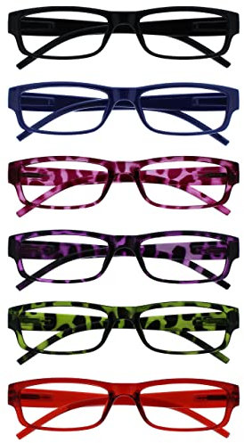 OPULIZE Ace Occhiali da lettura 6 Pack Classic Everyday Narrow Frame Graffio Resistente Primavera Cerniere Nero Uomo Donna RRRRRRRRRR32, Nero/Blu Scuro/Rosa/Viola/Verde/Rosso
