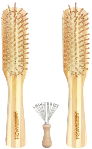 Bamboo Hair Brush with Cleaner Tool For Women Men, Bamboo Bristle Wooden Paddle Detangling Brush Helps Hair Growth, Enhance Shine & Health, Massaging Scalp - 2 Pack