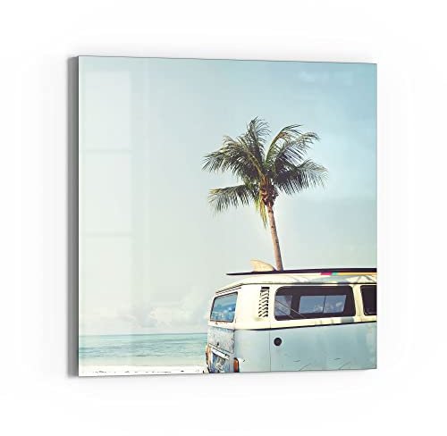 DEQORI Glas-Magnettafel | 30x30 cm groß | Motiv Surfer-Bus am Strand | Memo-Board aus Glas | Magnetboard inkl. Magnete, Stift & Tuch für Küche & Büro | Tafel magnetisch & beschreibbar