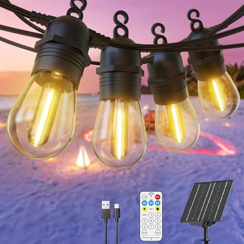 GlobaLink Lichterkette Außen Solar, 15+1 LED 17M Lichterkette Glühbirnen mit USB-/Solar-Lademethode, 4 Modi mit Fernbedienung Dimmbar für Gärten,Balkon,Party,Terrasse Deko Outdoor