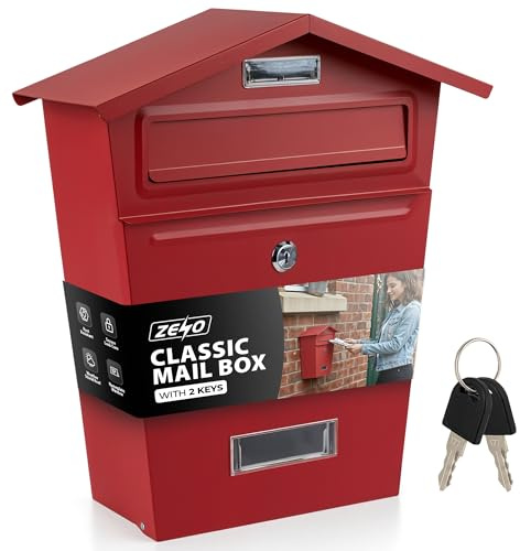 ZENO Post Box | Letter Box Wall Mounted Waterproof | Large Outdoor Mail Box for Home | Secure Postbox with Lock and Keys | Modern Letterbox with Nameplate Window | Heavy Duty Post Boxes | Red