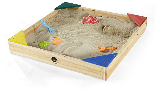 Plum Play Kids Junior Wooden Garden Sandpit Sandbox with Cover and Liner for protection- Colourful corner seating - 90 x 90 x 12 cm - Pre Drilled holes - 18 months plus