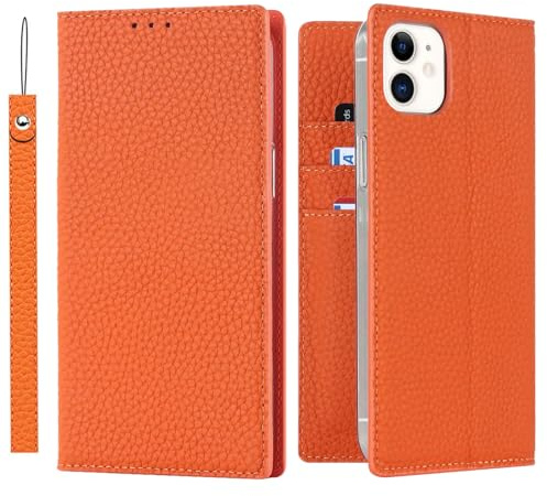 ELTEKER Hülle iPhone 12 Mini Handyhülle [Echtes Leder] Klapphülle mit Kartenfach,Schutzhülle Leder Hülle für iPhone 12 Mini-Orange