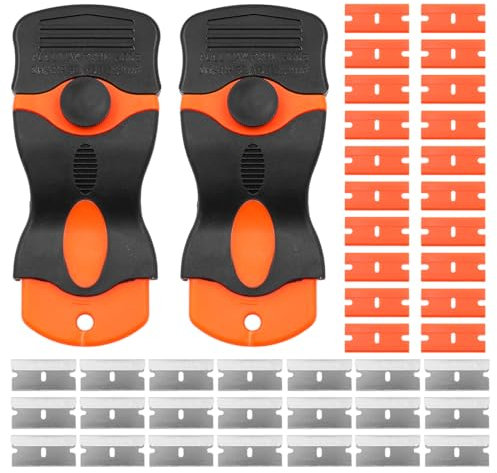 Tiardey 2 Piezas Rascador de Cocina de Cerámica Rascador de Cocina Rascador de Limpieza Naranja con 20 Cuchillas de Acero Inoxidable y 20 de Plástico Juego de Raspadores de Cerámica de Vidrio