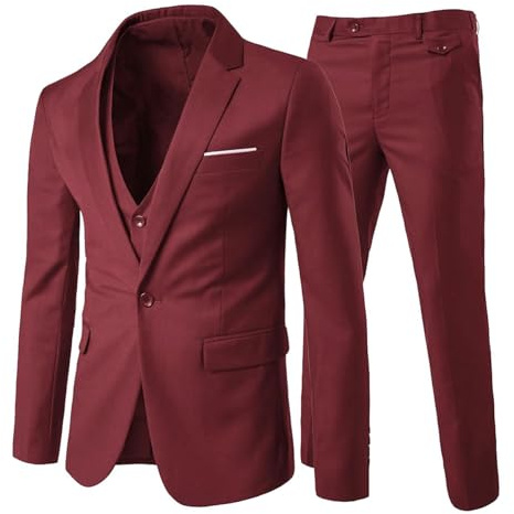 Allthemen Herrkostym 3 delar slim fit kostymer business bröllop män, Vinröd, XXL