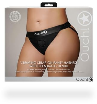 OUCH! Classic Vibrators Brand Slip Strap on with Bullet Vibrating Strap-on Panty Harness Open Back Black
