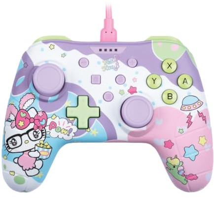 Konix Hello Kitty Manette filaire pour Nintendo Switch, Switch 2 et PC - Fonction vibration - Câble 3 m - Violet et rose