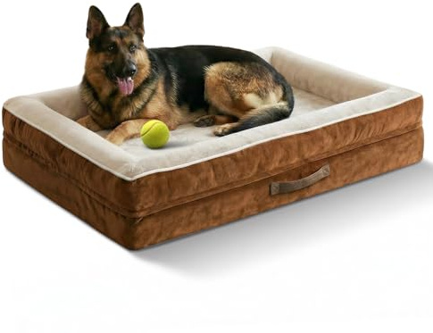 Upvilla Ortopedisk hundsäng XXL, hundkorg tvättbar med äggformat lådskum, vattentät hundsoffa med halkfri undersida och fyrsidig kudde (brun, 137 x 91 x 19 cm)