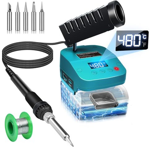 Cordless Soldering Iron for Makita 18V Battery Fast Heating,Electric Digital LCD Soldering Station with USB and Type C Charge Ports,Portable Adjustable Solder Iron kit for DIY,Jewelry (Blue1)