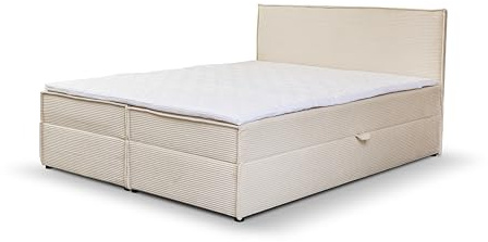 Boxspringbett 160x200 mit Bettkasten, Gloria Doppelbett Beige Cordstoff | Bett 160x200, Doppelbett mit Kaltschaum-Topper (4 cm) für extra Liegekomfort