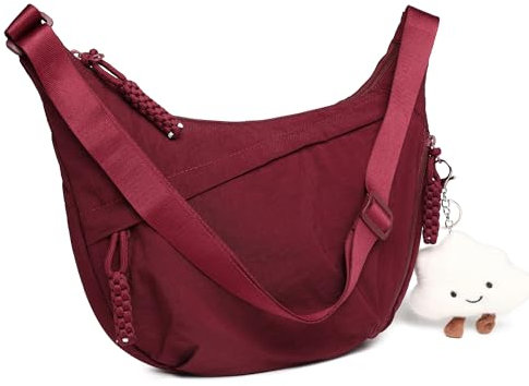 Micmores Crossbody Bag Damen Umhängetasche, Nylon Schultertasche Moon Bag Stylische Halbmond Tasche mit verstellbarer Schultergurt, Hobo Casual Handtasche für Arbeit, Reisen, Alltag(Weinrot)