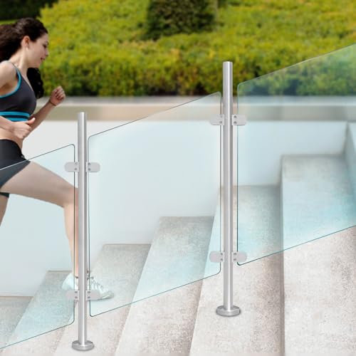 Poteau de balustrade en verre carré en acier inoxydable avec pince pour balustrade, clôture, balcon, escalier, intérieur et extérieur (110 cm)