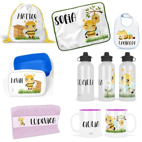 Set Coordinato Piccole Api per Bambini | Borraccia, Portamerenda, Zainetto, Tovaglietta e Tazza, Bavaglino e Asciugamanino, Personalizzati con Nome