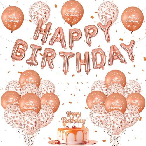 Geburtstag Deko Roségold, Rosé Gold Happy Birthday Deko, Luftballons Roségold Geburtstagdeko Mädchen Junge, Banner Flaggen Tortendeko für Geburtstagdeko Frau und Mann