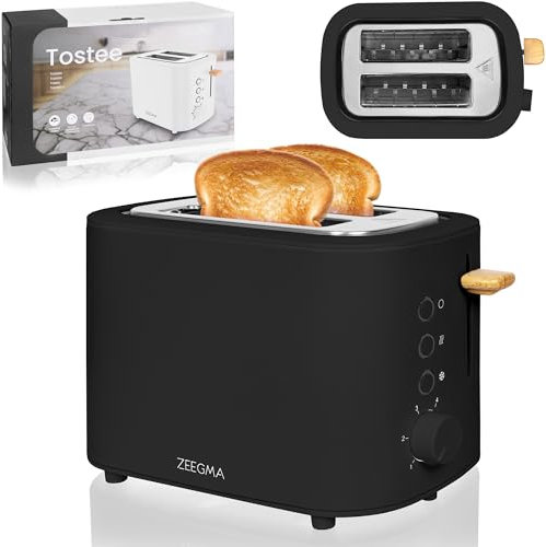 Zeegma Tostee Tostapane 820W, 2 Fette, Funzioni Scongelamento e Riscaldamento, Regolazione Tempo di Cottura, Vassoio per Briciole, Design in Acciaio Inox, Slot Ampio 3,8 cm (Nero, TOSTEE)