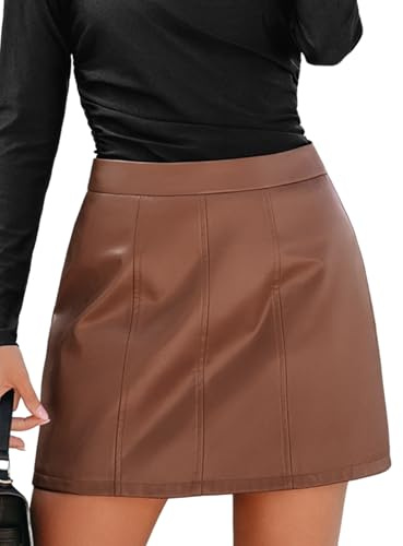CUPSHE Women's Mini Skirt Faux Leather A-Line Short Fashion Skirt Casual Wear, Brown, M